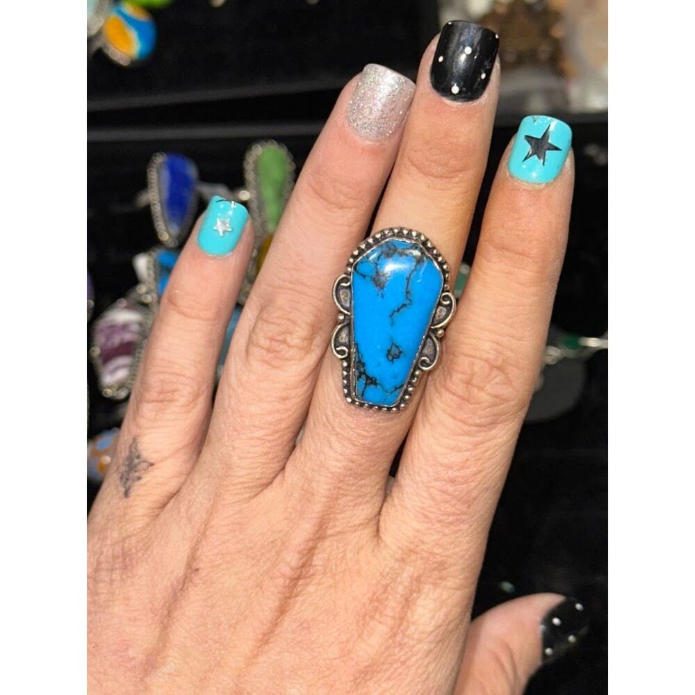 Spiderweb Turquoise Coffin Shape Sterling Silver Overlay Ring Size 8